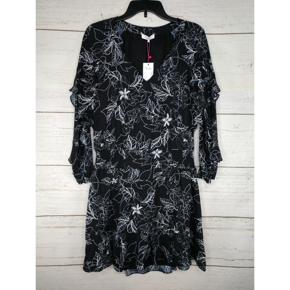 Parker Floral Print Ruffle Long Sleeves Smocked Waist Black Dress Women Large - Picture 11 of 11